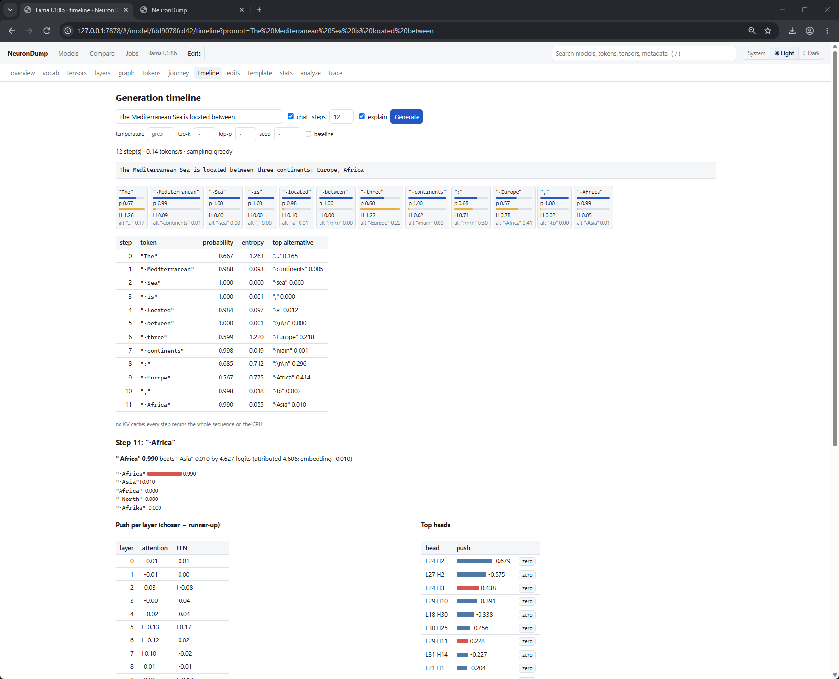 Timeline page: llama3.1:8b generating 12 tokens, with step 11 explained