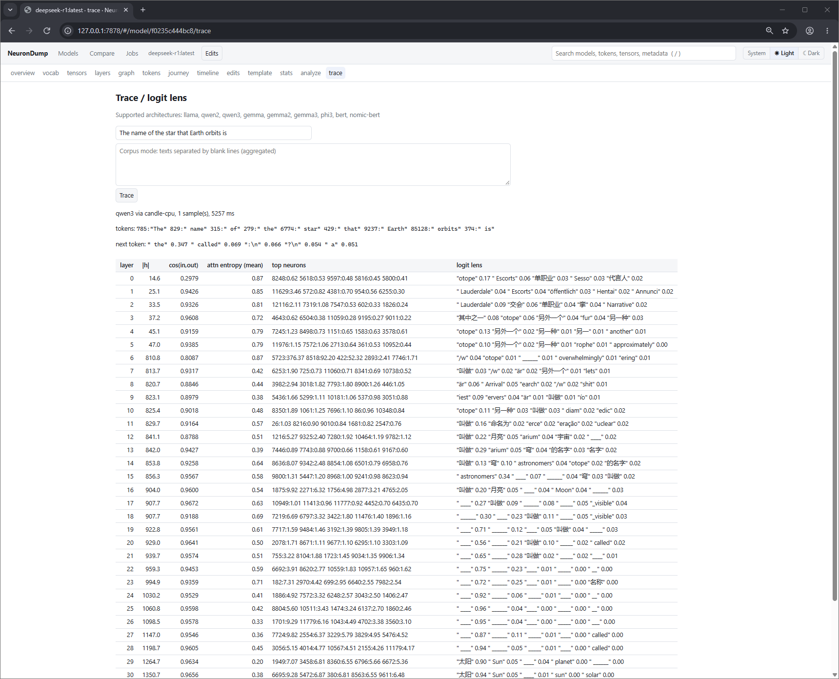 Trace page in the web interface